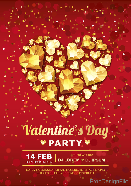 Red valentine party flyer with golden diamond vector