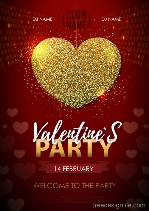 Red valentines day party flyer template with golden heart shape vector 01