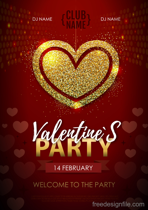 Red valentines day party flyer template with golden heart shape vector 02