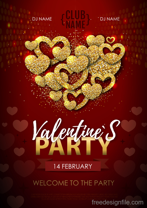 Red valentines day party flyer template with golden heart shape vector 03
