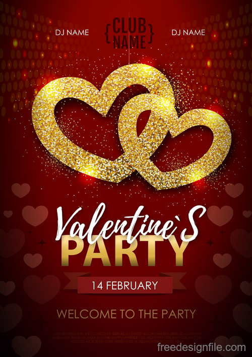 Red valentines day party flyer template with golden heart shape vector 04