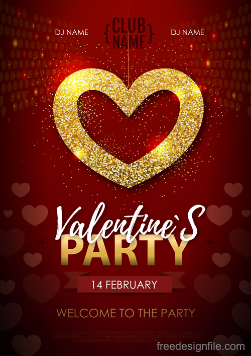 Red valentines day party flyer template with golden heart shape vector 05