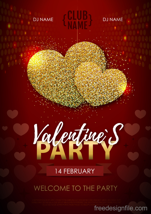 Red valentines day party flyer template with golden heart shape vector 06