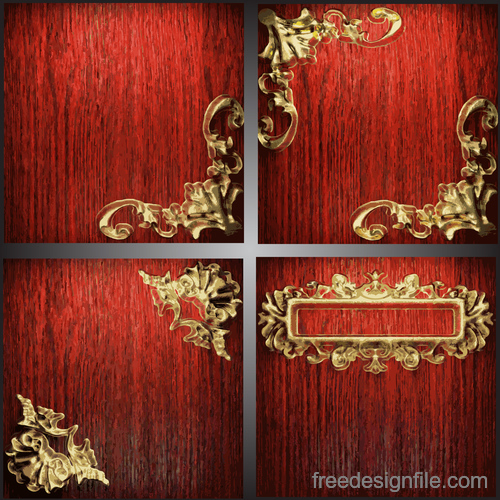 Red wooden background with gold metal vectors 02