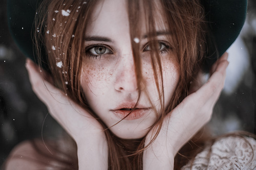 Snow flakes on the girl hair Stock Photo