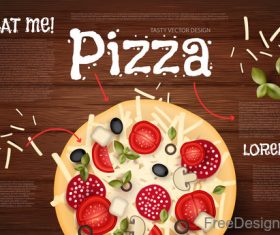 Tomato with pizza and wooden background vector 01