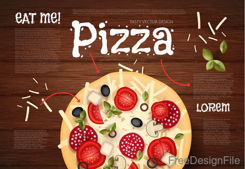 Tomato with pizza and wooden background vector 01