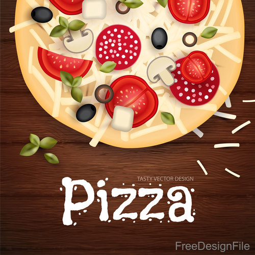 Tomato with pizza and wooden background vector 02