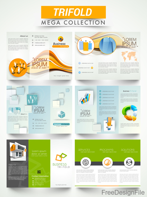 Trifold business brochures template vector set 01