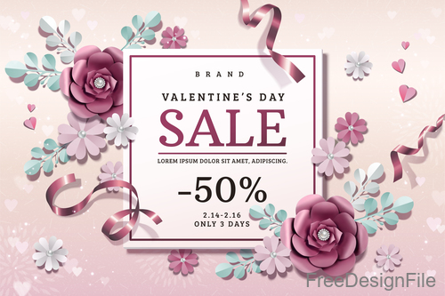 Valentines flowers with sale background vector 01