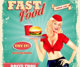 Vintage fast food poster with beautiful girl vector 01