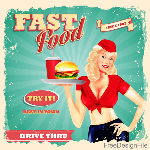 Vintage fast food poster with beautiful girl vector 01