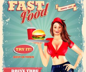 Vintage fast food poster with beautiful girl vector 02