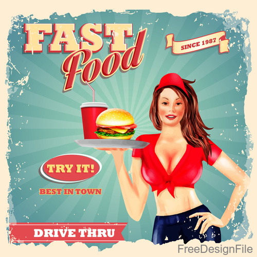 Vintage fast food poster with beautiful girl vector 02