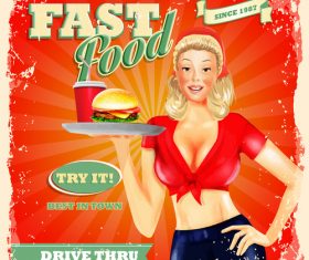 Vintage fast food poster with beautiful girl vector 03