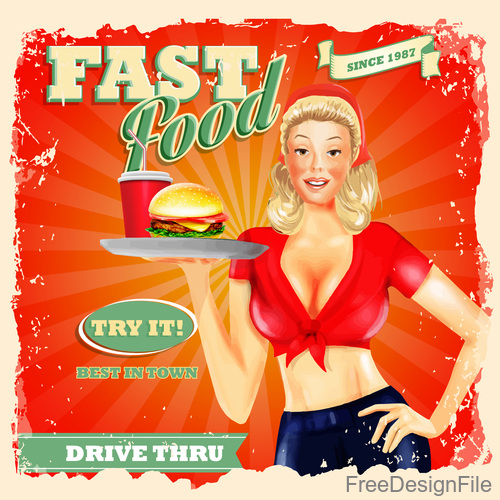 Vintage fast food poster with beautiful girl vector 03