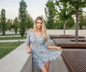 Woman wearing a floral skirt Stock Photo