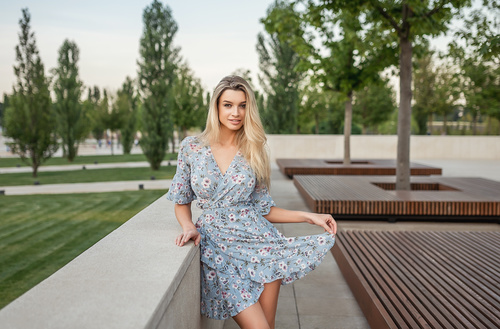 Woman wearing a floral skirt Stock Photo