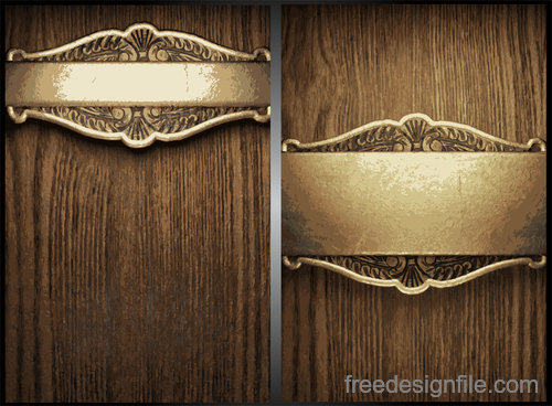 Wooden background with gold metal vectors 02