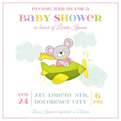 baby shower card with cartoon mouse vector 02