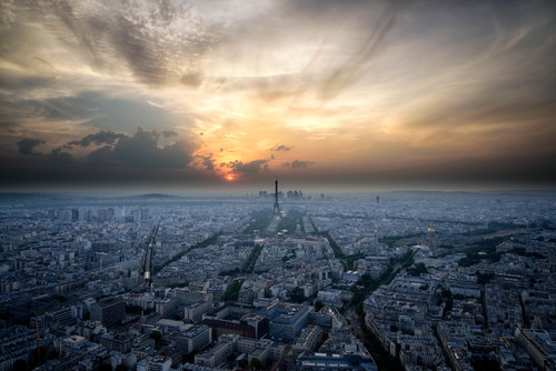 Aerial photography of Paris city at sunset Stock Photo