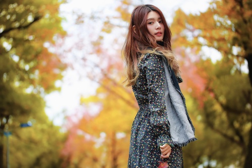 Beautiful Asian girl on the street in autumn outdoor Stock Photo