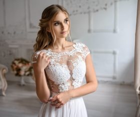 Beautiful woman wearing white lace blouse Stock Photo