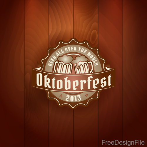 Beer badge with wooden wall background vector 01