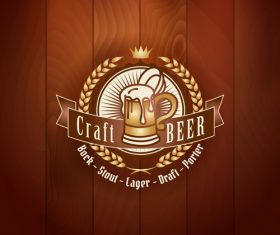 Beer badge with wooden wall background vector 02