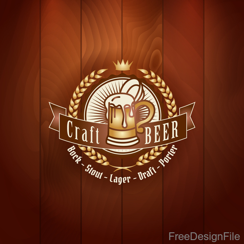 Beer badge with wooden wall background vector 02