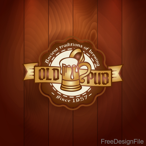 Beer badge with wooden wall background vector 03