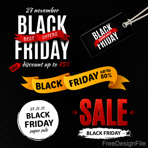 Black Friday sale logos with tags and ribbon banner vector