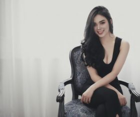 Black long curly hair beautiful female model Stock Photo