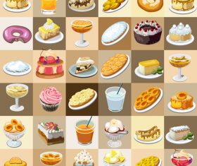 Cake with drink and ice cream vector set