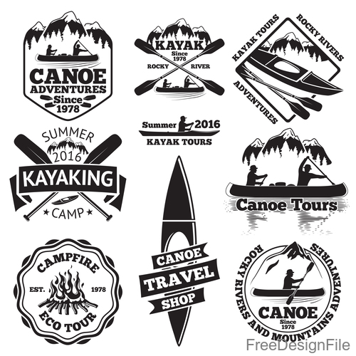 Canoe tours labels with logos design vector set