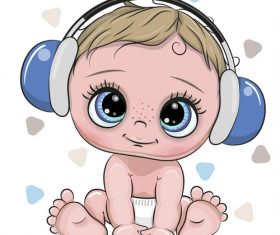 Cartoon cute baby with music vector 02