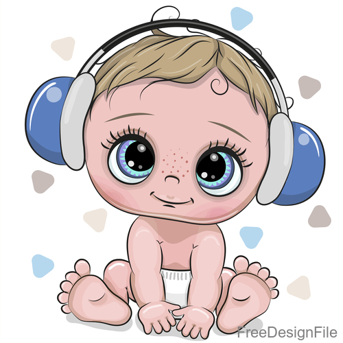 Cartoon cute baby with music vector 02