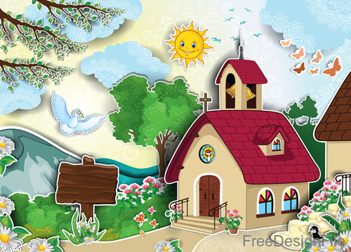 Cartoon house with natural scenery vector 01