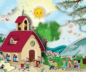 Cartoon house with natural scenery vector 02