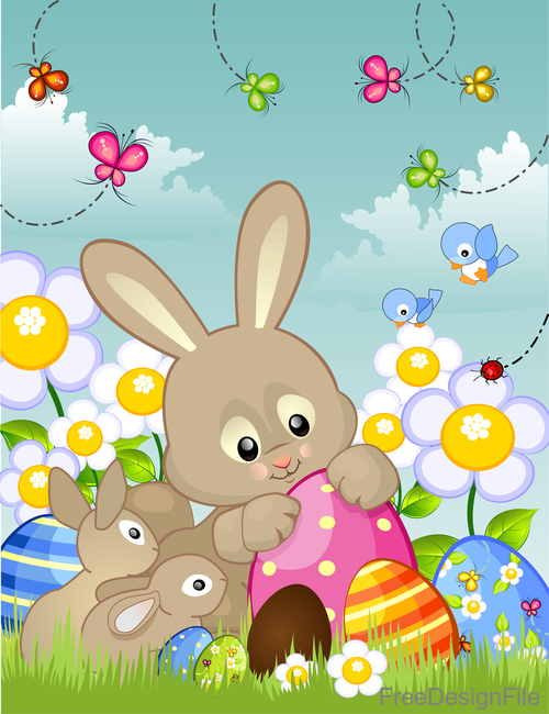 Cartoon rabbit with easter card vector
