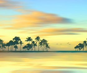 Coconut trees and flying birds by the sea at sunrise Stock Photo