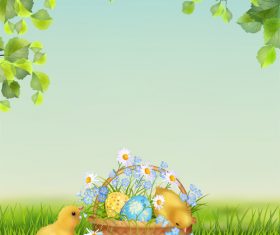 Cute chick with easter background and wood board vector