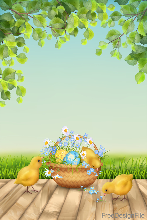 Cute chick with easter background and wood board vector free download