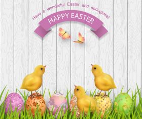 Cute chicks with easter wood wall background vector
