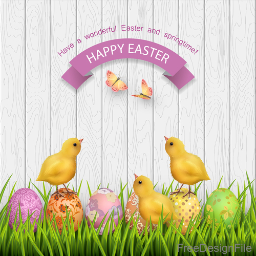 Cute chicks with easter wood wall background vector