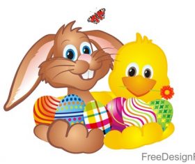 Cute rabbit with chick easter illustration vector 01