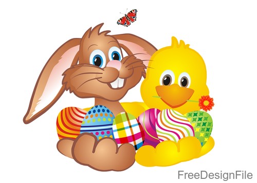 Cute rabbit with chick easter illustration vector 01