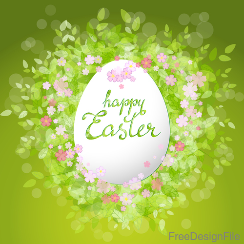 Easter card with green leaves background vector 01