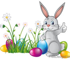 Easter egg with flower and cartoon rabbit vector 03