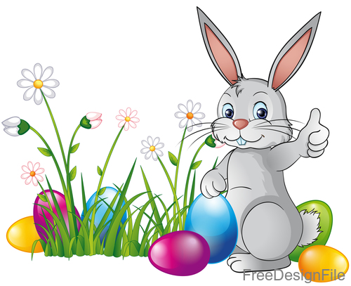 Easter egg with flower and cartoon rabbit vector 03